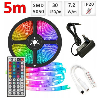 Sada: 5m RGB LED pásik do interieru 30 SMD5050/m, 7.2W/m, IP20  + zdroj + RGB ovládač 44 tlač.