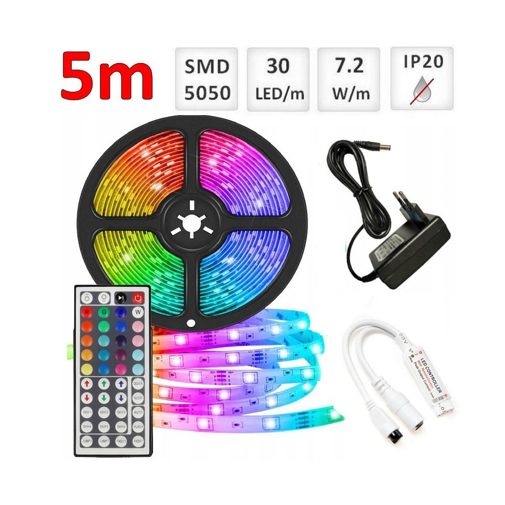 Sada: 5m RGB LED pásik do interieru 30 SMD5050/m, 7.2W/m, IP20  + zdroj + RGB ovládač 44 tlač.