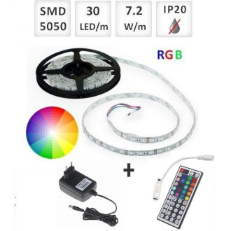 Sada: 5m RGB LED pásik do interieru 30 SMD5050/m, 7.2W/m, IP20  + zdroj + RGB ovládač 44 tlač.