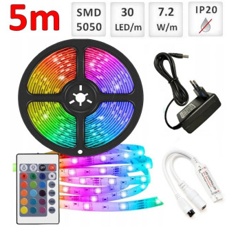 Sada: 5m RGB LED pásik do interieru 30 SMD5050/m, 7.2W/m, IP20  + zdroj + RGB ovládač 24 tlač.