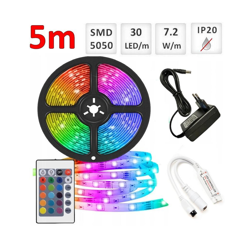 Sada: 5m RGB LED pásik do interieru 30 SMD5050/m, 7.2W/m, IP20  + zdroj + RGB ovládač 24 tlač.