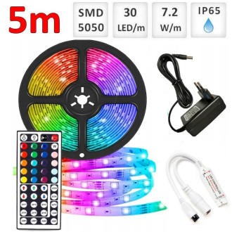 Sada: 5m RGB LED pásik vodeodolný 30 SMD5050/m, 7.2W/m, IP65 + zdroj + RGB ovládač 44 tlač.