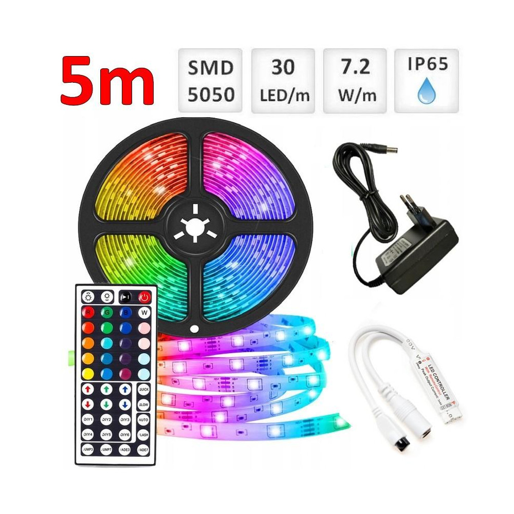 Sada: 5m RGB LED pásik vodeodolný 30 SMD5050/m, 7.2W/m, IP65 + zdroj + RGB ovládač 44 tlač.