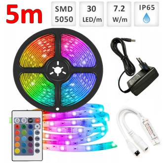 Sada: 5m RGB LED pásik vodeodolný 30 SMD5050/m, 7.2W/m, IP65 + zdroj + RGB ovládač 24 tlač.