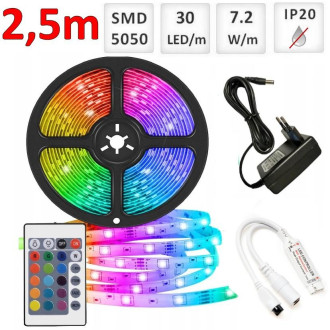 Sada: 2.5m RGB LED pásik do interieru 30 SMD5050/m, 7.2W/m, IP20 + zdroj + RGB ovládač