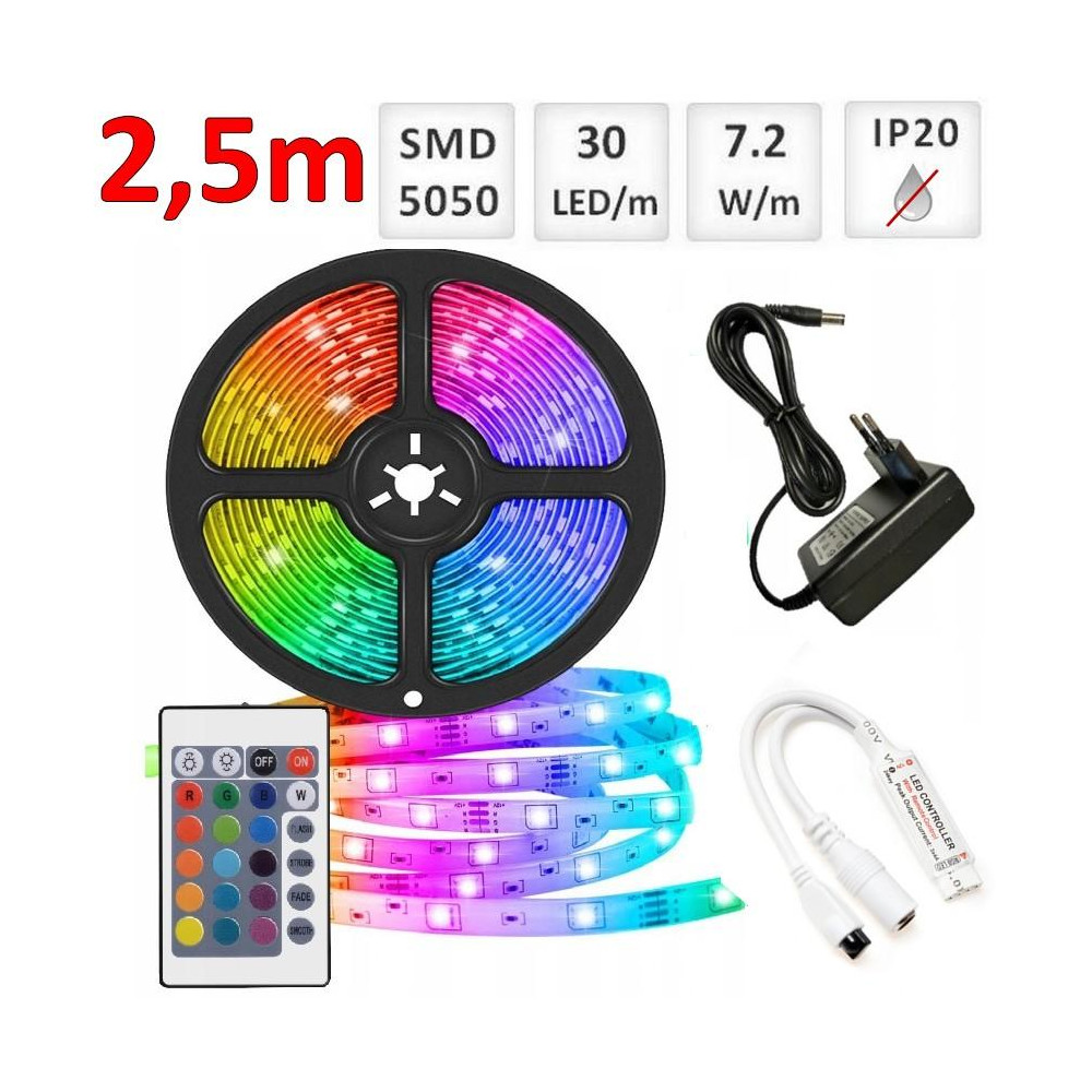 Sada: 2.5m RGB LED pásik do interieru 30 SMD5050/m, 7.2W/m, IP20 + zdroj + RGB ovládač