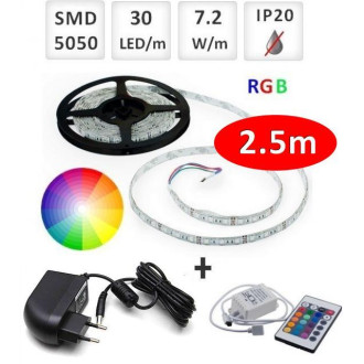 Sada: 2.5m RGB LED pásik do interieru 30 SMD5050/m, 7.2W/m, IP20 + zdroj + RGB ovládač