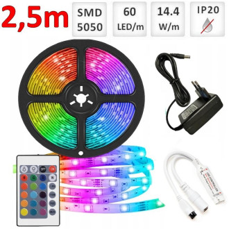 Sada: 2.5m RGB LED pásik do interieru 60 SMD5050/m, 14.4W/m, IP20 + zdroj + RGB ovládač