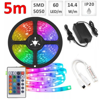 Sada: 5m RGB LED pásik do interieru 60 SMD5050/m, 14.4W/m, IP20 + zdroj + RGB ovládač