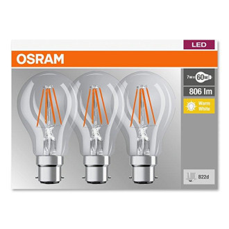 3PAK LED žiarovka B22d A60 7W  60W 806lm 2700K Warm 360° Filament OSRAM