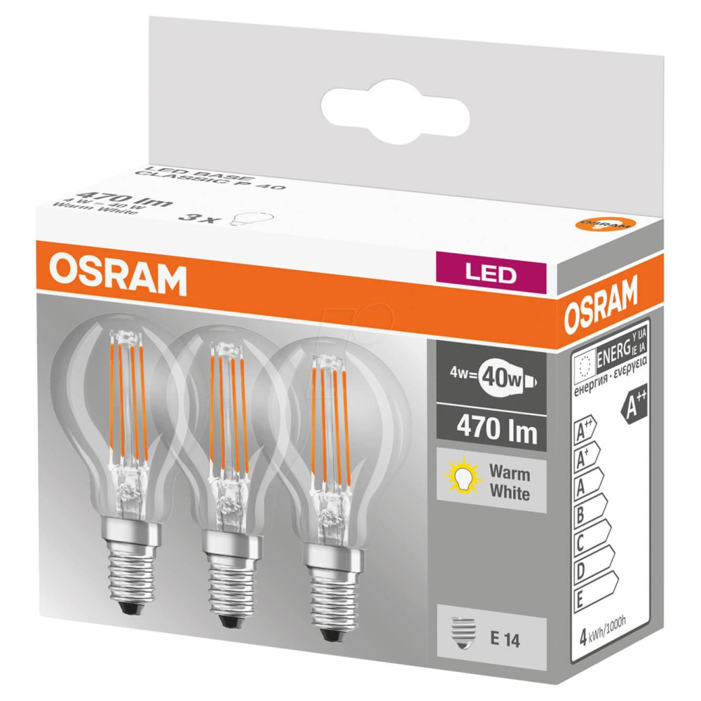 3PAK LED žiarovka E14 P45 4W  40W 470lm 2700K Warm 320° Filament OSRAM