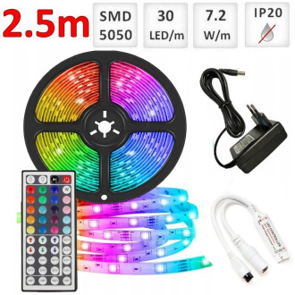 Sada: 2.5m RGB LED pásik do interieru 30 SMD5050/m, 7.2W/m, IP20 + zdroj + RGB ovládač 44 tlač.