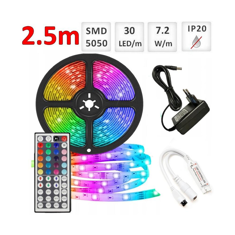 Sada: 2.5m RGB LED pásik do interieru 30 SMD5050/m, 7.2W/m, IP20 + zdroj + RGB ovládač 44 tlač.