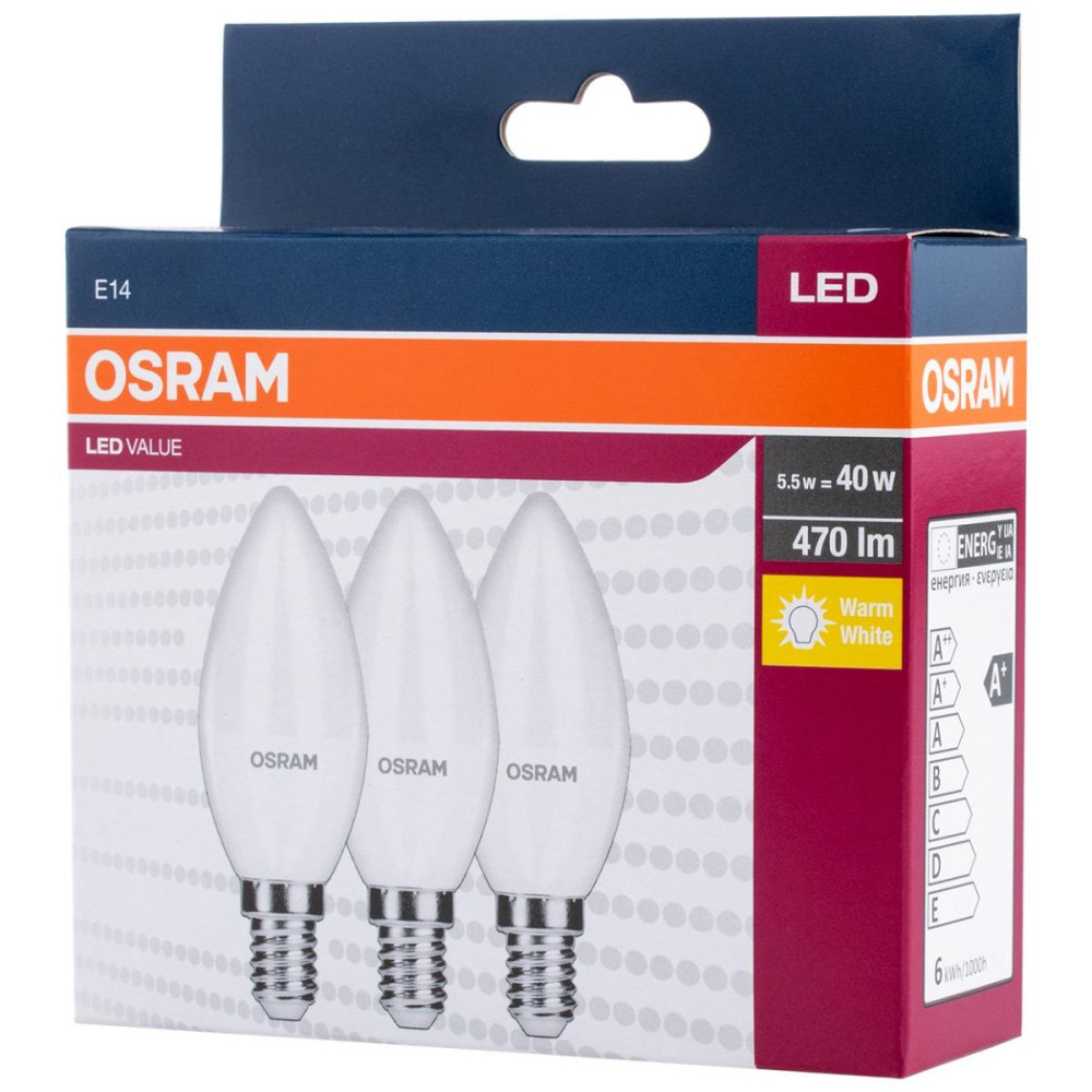 3PAK LED žiarovka E14 B35 5,5W  40W 470lm 2700K Warm OSRAM Value