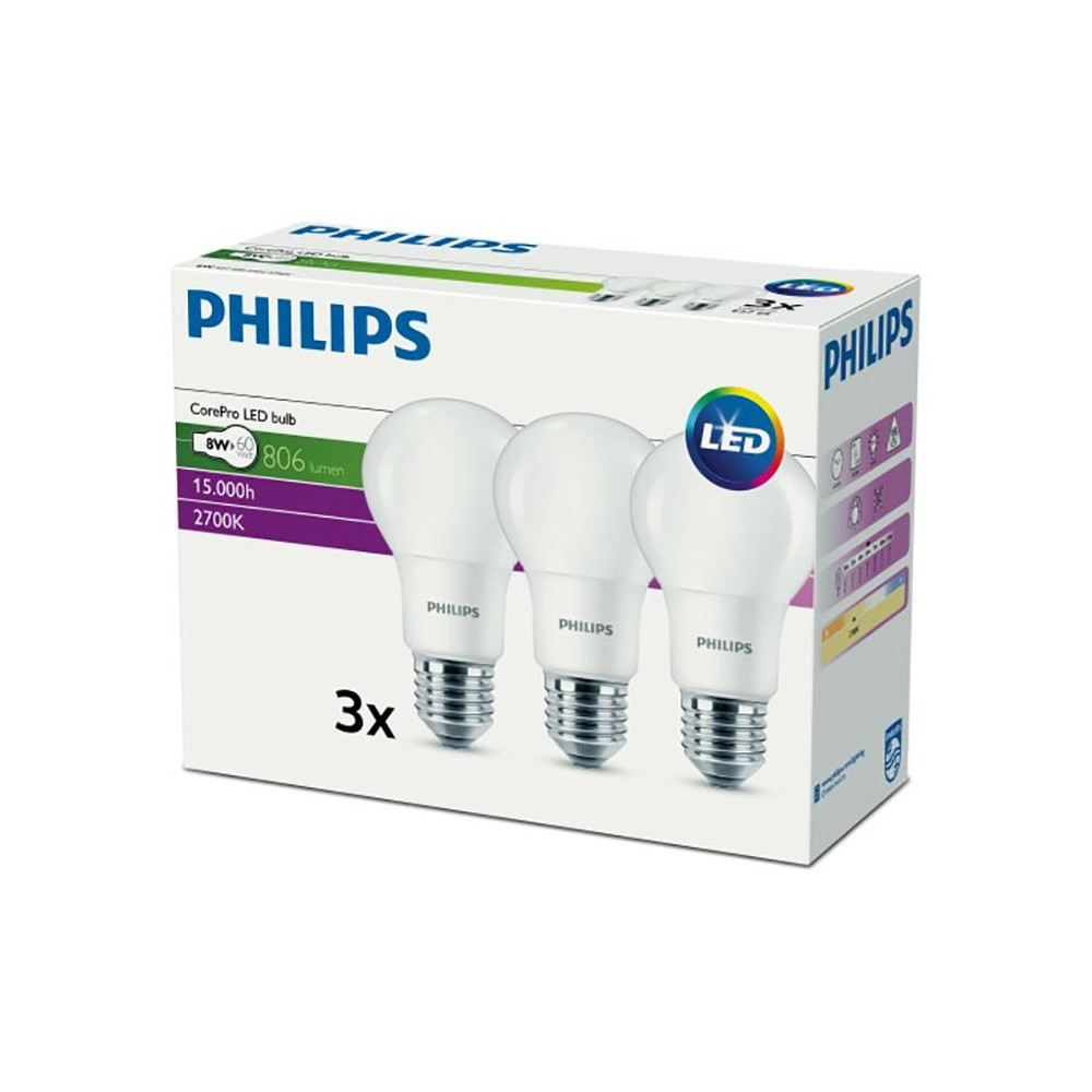 3PAK LED žiarovka E27 A60 8W  60W 806lm 2700K Warm 300° PHILIPS CorePro