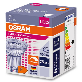 LED žiarovka GU10 4,5W  50W 350lm 3000K Warm 36° CRI90 DIMMABLE OSRAM Parathom