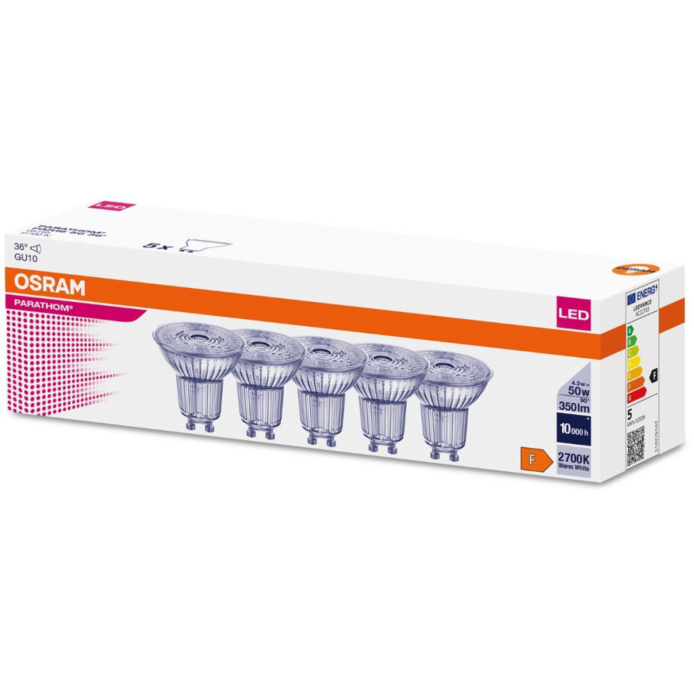 5PAK LED žiarovka GU10 4,3W  50W 350lm 2700K Warm 36° OSRAM Parathom