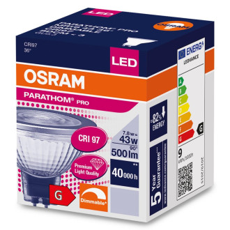 GU5.3 MR16 LED žiarovka 7,8W  43W 500lm 4000K Neutrálna 36° CRI97 12V DIMMOVATEĽNÁ OSRAM Parathom