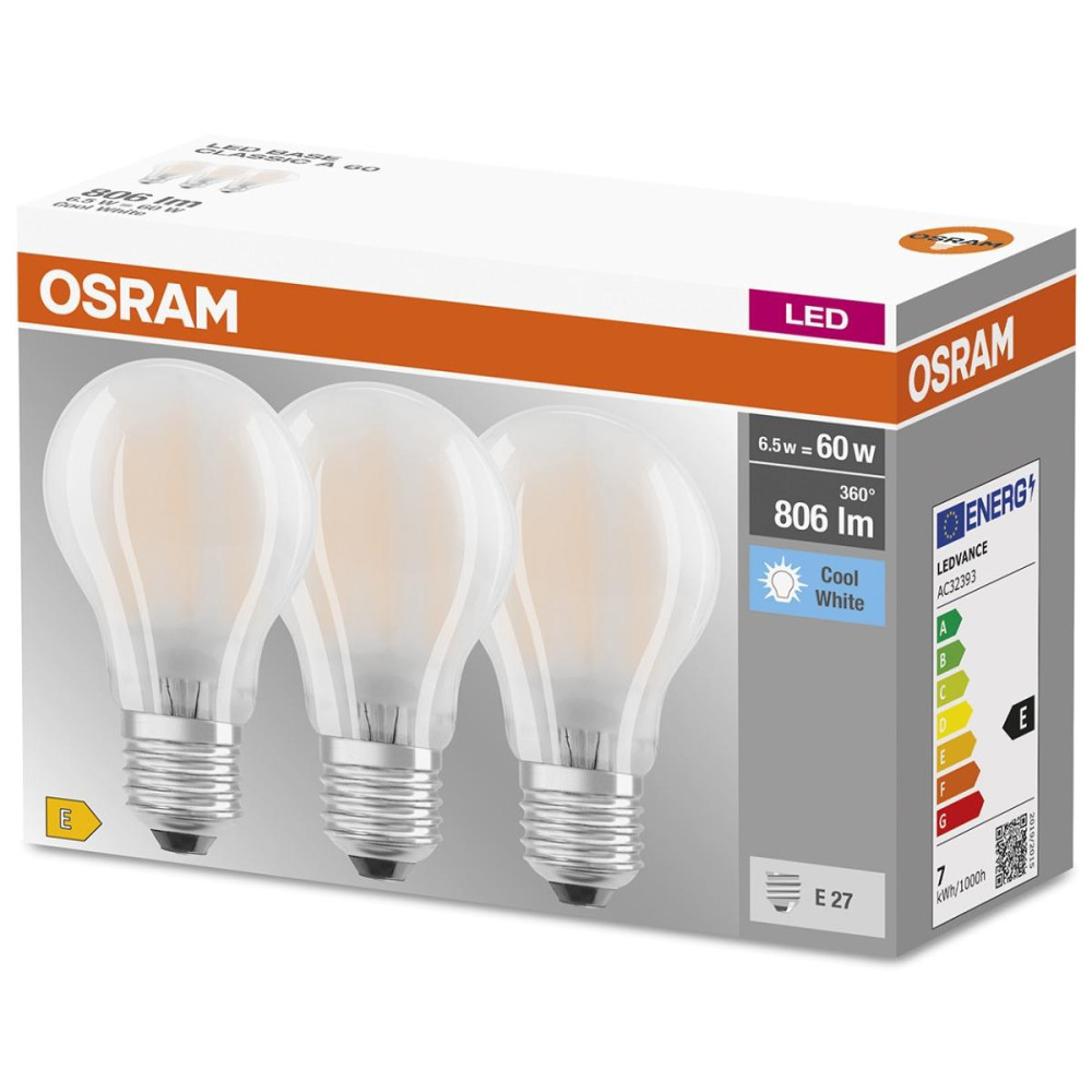 3PAK LED žiarovka E27 A60 6,5W  60W 806lm 4000K Neutrálne 300° vlákno OSRAM BASE