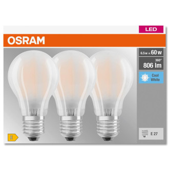 3PAK LED žiarovka E27 A60 6,5W  60W 806lm 4000K Neutrálne 300° vlákno OSRAM BASE