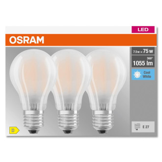 3PAK LED žiarovka E27 A60 7,5W  75W 1055lm 4000K Neutrálne 300° vlákno OSRAM BASE