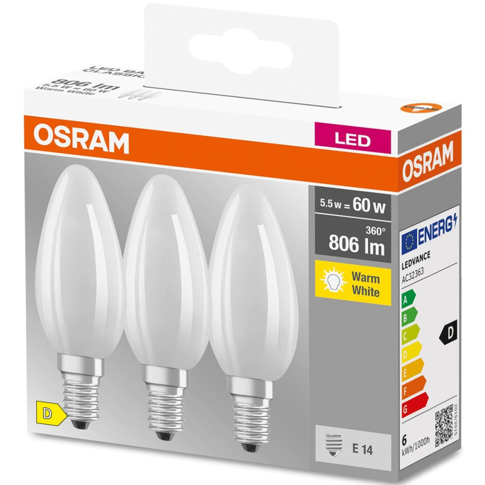 3PAK LED žiarovka E14 B35 5,5W  60W 806lm 2700K Warm 300° Filament OSRAM BASE