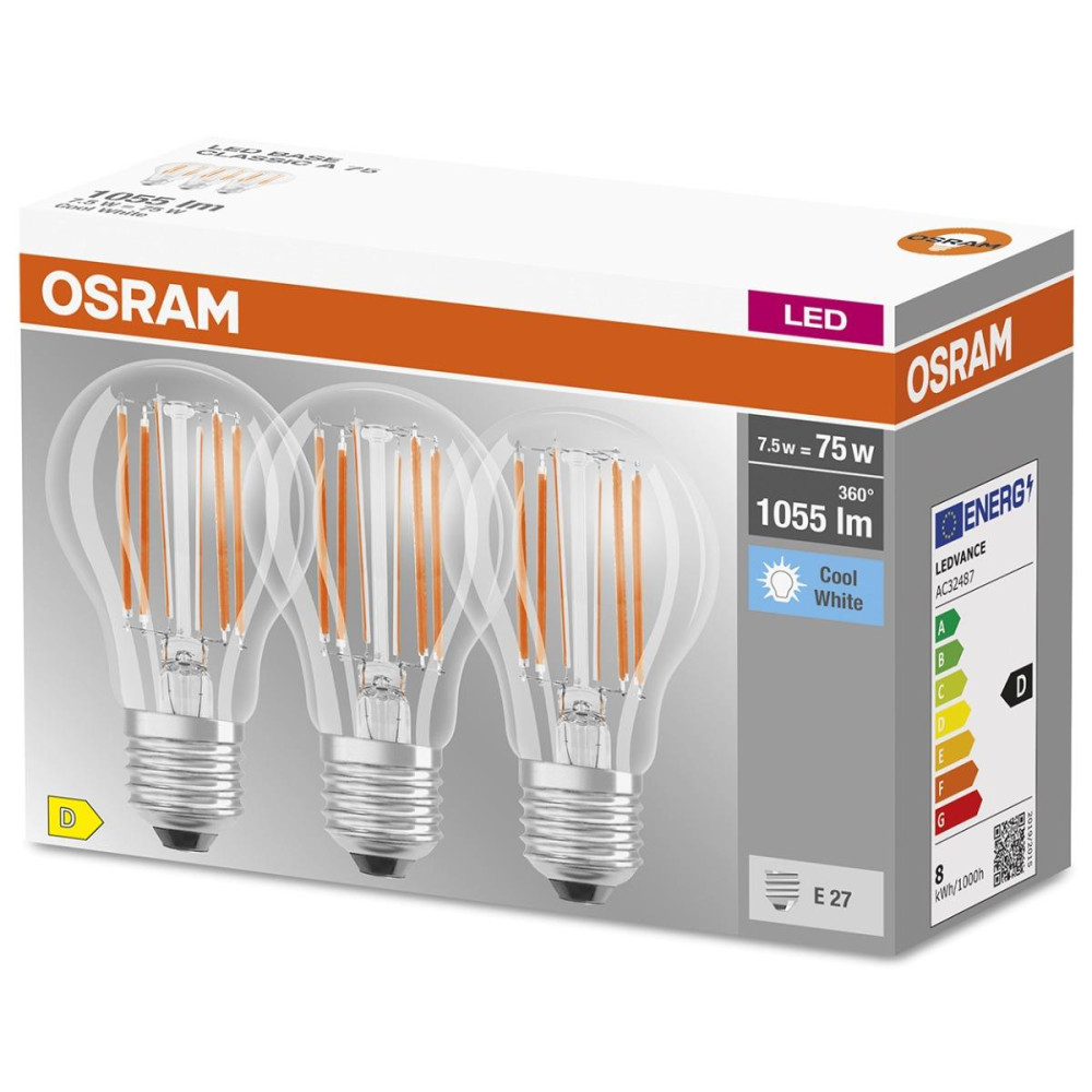 3PAK LED žiarovka E27 A60 7,5W  75W 1055lm 4000K Neutrálne 300° vlákno OSRAM BASE