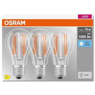 3PAK LED žiarovka E27 A60 7,5W  75W 1055lm 4000K Neutrálne 300° vlákno OSRAM BASE