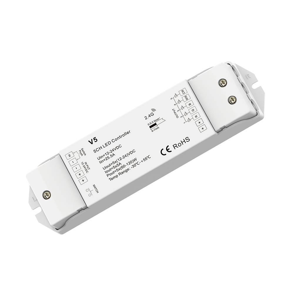 RF prijímač riadenia LED pásov RGB+CCT 5x5A DC12-24V