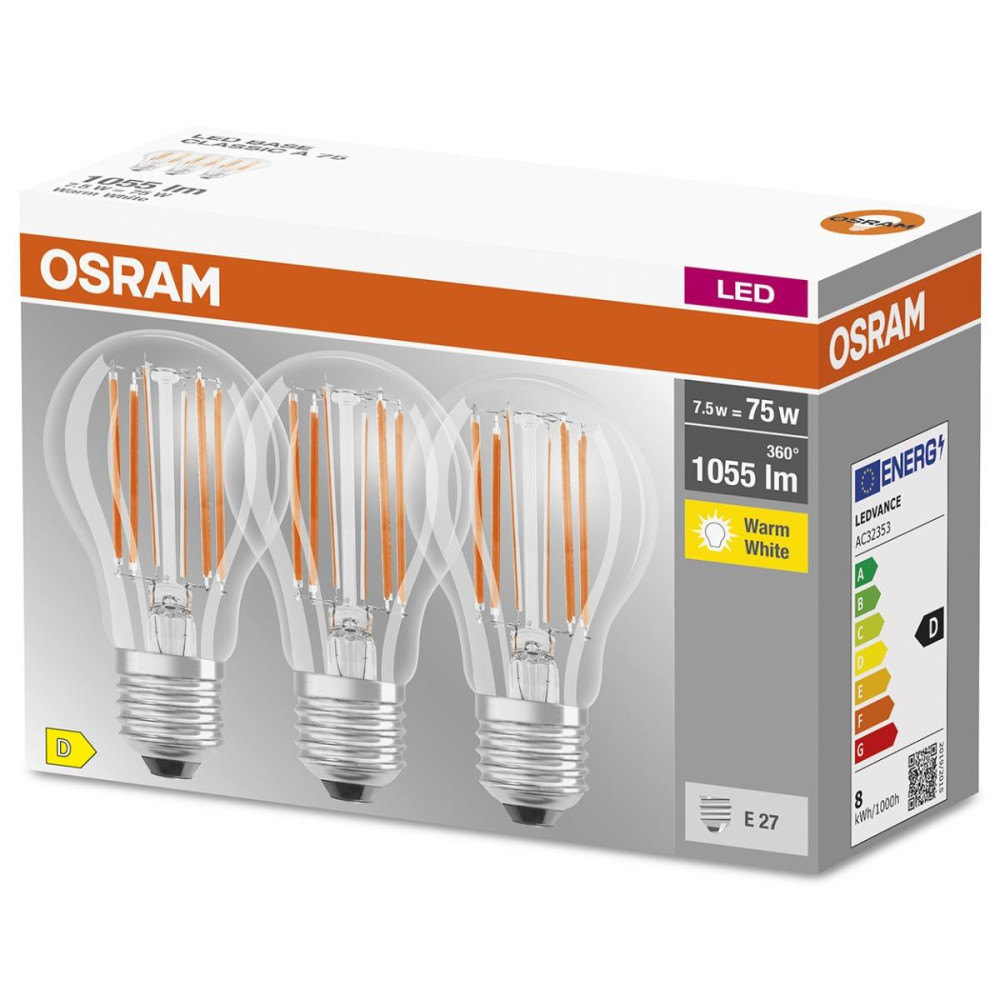 3PAK LED žiarovka E27 A60 7,5W  75W 1055lm 2700K Warm 300° Filament OSRAM BASE