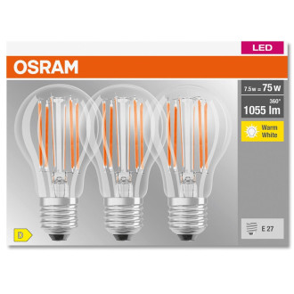 3PAK LED žiarovka E27 A60 7,5W  75W 1055lm 2700K Warm 300° Filament OSRAM BASE