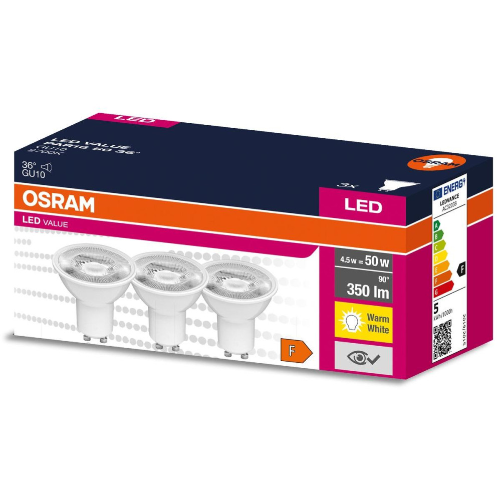 3PAK LED žiarovka GU10 4,5W  50W 350lm 2700K Warm 36° OSRAM VALUE