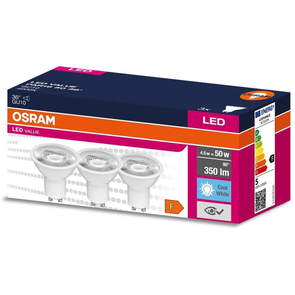 3PAK LED žiarovka GU10 4,5W  50W 350lm 4000K Neutrálna 36° OSRAM VALUE