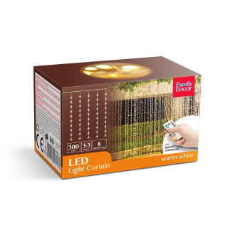 Sveteľný záves - 300 ks  teplých bielych LED - 3 x 3 m - 230V - s diaľkovým ovládačom