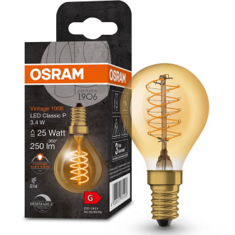 Dekoratívna LED žiarovka E14 P45 3,4W  25W 250lm 2200K Warm 320° Filament Dimmable OSRAM Vintage 1906