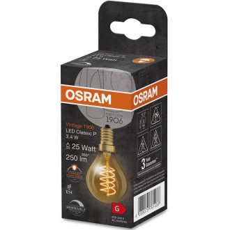 Dekoratívna LED žiarovka E14 P45 3,4W  25W 250lm 2200K Warm 320° Filament Dimmable OSRAM Vintage 1906