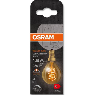 Dekoratívna LED žiarovka E14 P45 3,4W  25W 250lm 2200K Warm 320° Filament Dimmable OSRAM Vintage 1906