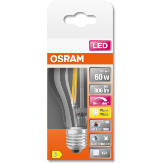 LED žiarovka E27 A60 5,8W  60W 806lm 2700K Warm 300° CRI90 Stmievateľné vlákno OSRAM SUPER STAR+