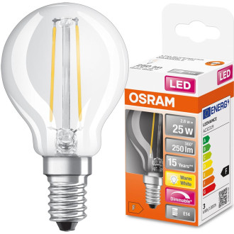 LED žiarovka E14 P45 2,8W  25W 250lm 2700K Teplé 320° vlákno Stmievateľné OSRAM SUPER STAR