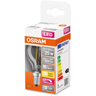 LED žiarovka E14 P45 2,8W  25W 250lm 2700K Teplé 320° vlákno Stmievateľné OSRAM SUPER STAR