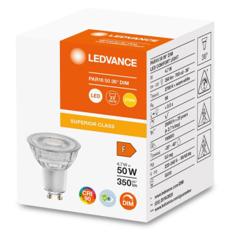 LED žiarovka GU10 4,7W  50W 350lm 2700K Warm 36° CRI90 Stmievateľné sklo LEDVANCE Superior