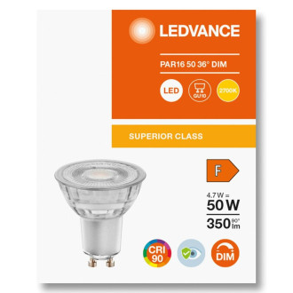 LED žiarovka GU10 4,7W  50W 350lm 2700K Warm 36° CRI90 Stmievateľné sklo LEDVANCE Superior