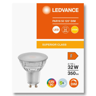 LED žiarovka GU10 4,1W  32W 350lm 2700K Warm 120° CRI90 Stmievateľné sklo LEDVANCE Superior