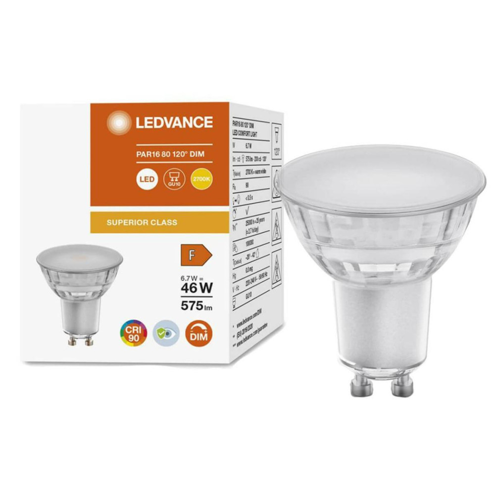 GU10 LED žiarovka 6,7W  48W 575lm 2700K Warm 120° CRI90 Stmievateľné sklo LEDVANCE Superior