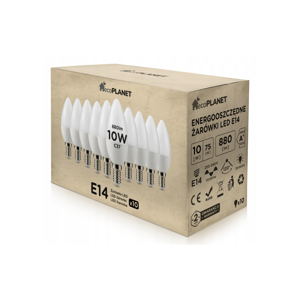 10x LED žiarovka - ecoPLANET - E14 - 10W - sviečka - 880Lm - teplá biela