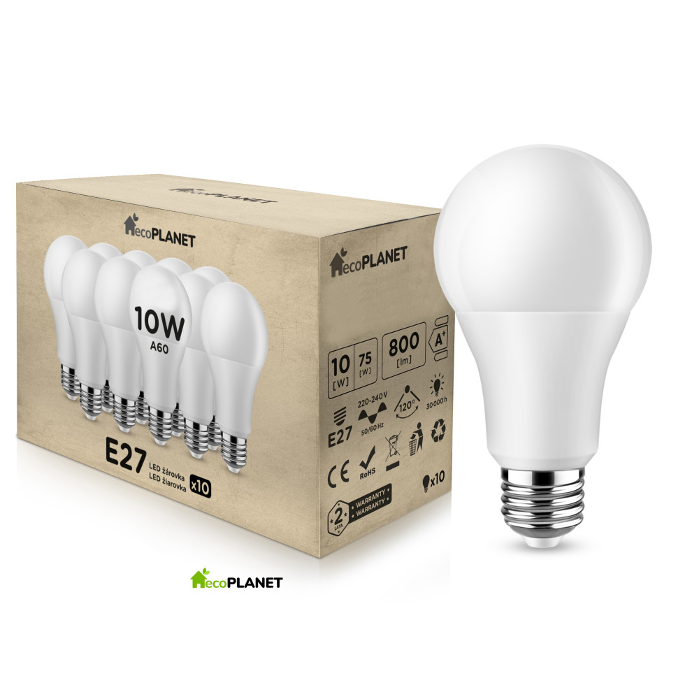 10x LED žiarovka - ecoPLANET - E27 - 10W - 800Lm - teplá biela