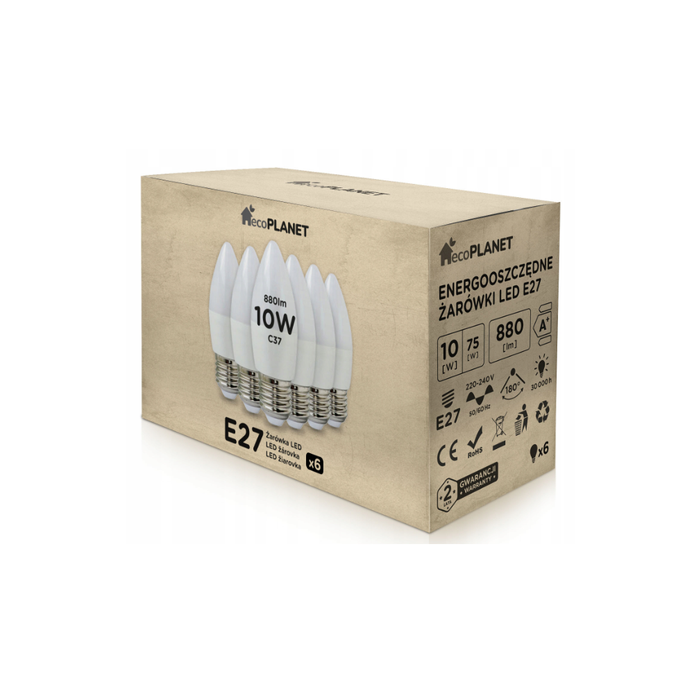 6x LED žiarovka - ecoPLANET - E27 - 10W - sviečka - 880Lm - teplá biela