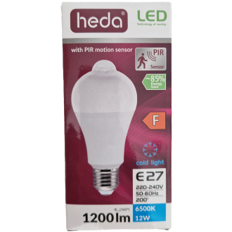 LED Žiarovka - HEDA - E27 - Pohybový Senzor PIR - 12W - 1200LM - Studená Biela