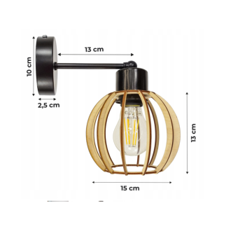 Nástenná lampa - kinkiet - E27 - drevená guľa malá - čierna