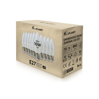 10x LED žiarovka - ecoPLANET - E27 - 10W - sviečka - 880Lm - teplá biela